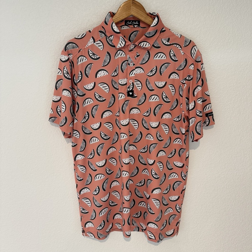 Bad Birdie Citrus Polo Shirt Medium Mens Orange Performance Golf All Over Print